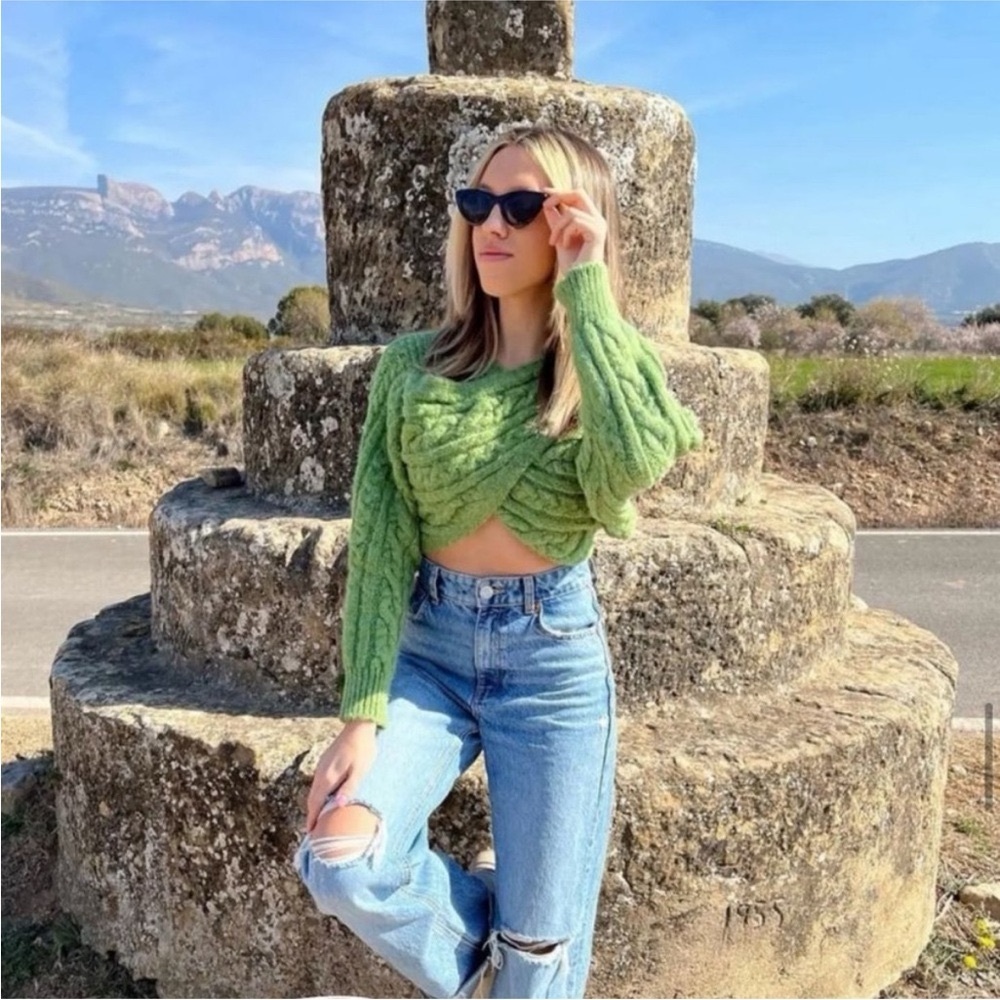 Zara Green Cable Knit Cropped Sweater Wrap Sweater Criss Cross Sweater - Picture 4 of 11